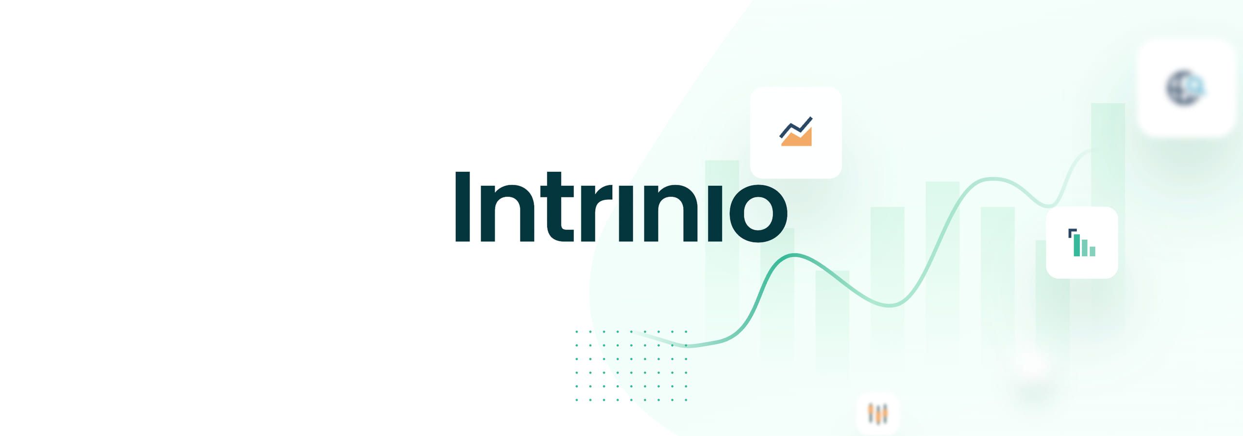 The dark teal Intrinio wordmark on a pale green field, beside a rising green line and small chart icons.