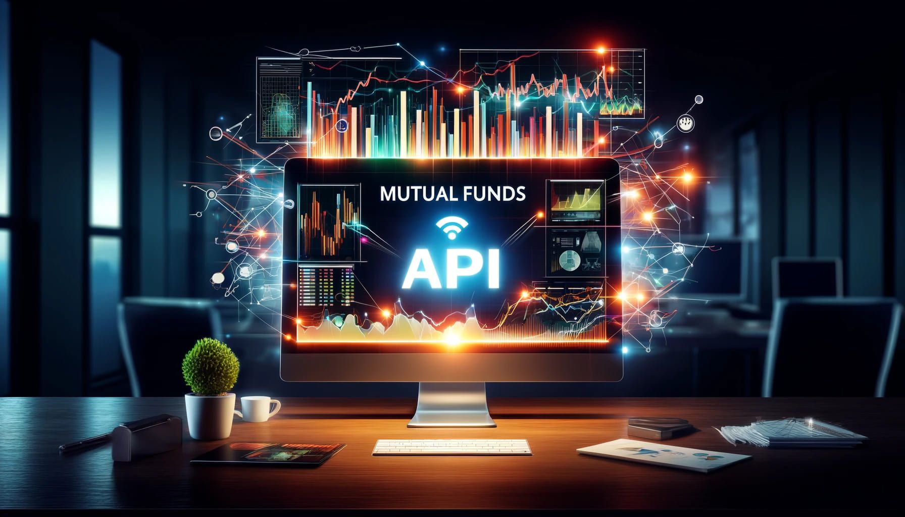 A monitor on an office desk displaying MUTUAL FUNDS API, surrounded by glowing candlestick charts and network lines.