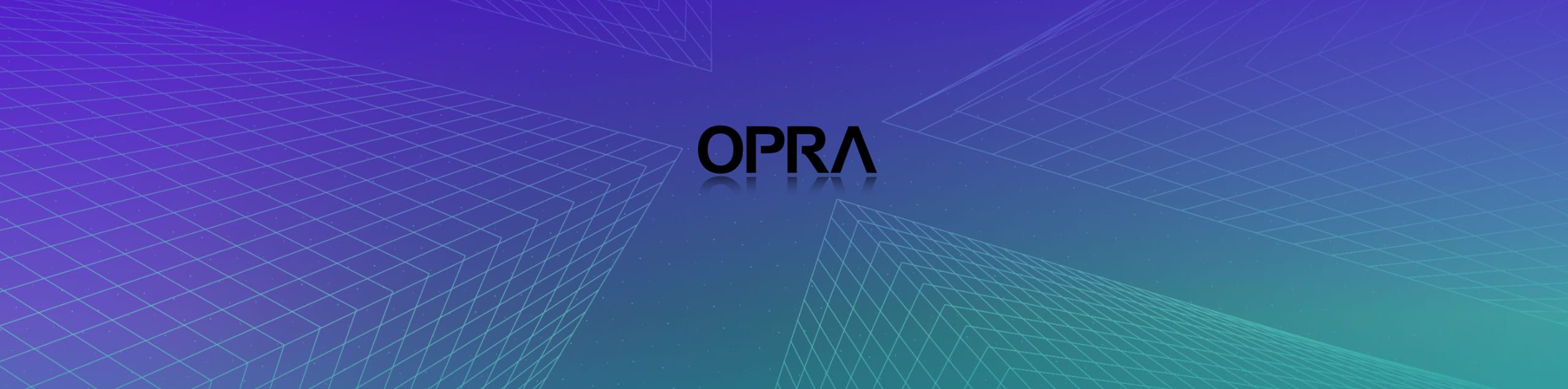 The black OPRA wordmark, its A drawn as a plain triangle, on a purple-to-teal field of wireframe grids.