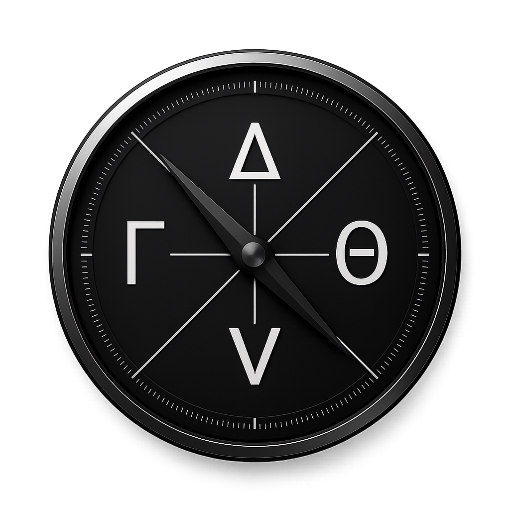 A black compass whose dial is marked with the option Greeks delta, gamma, theta and vega instead of compass points