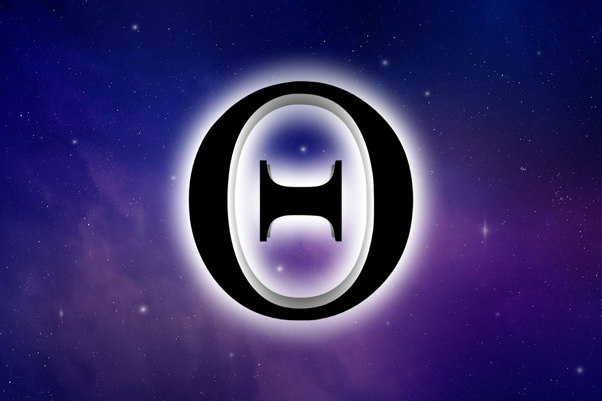 The Greek letter theta, the options Greek for time decay, glowing white against a purple starfield.
